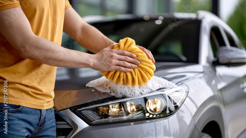 Close-up of a person washing a car at a professional car wash in the afternoon