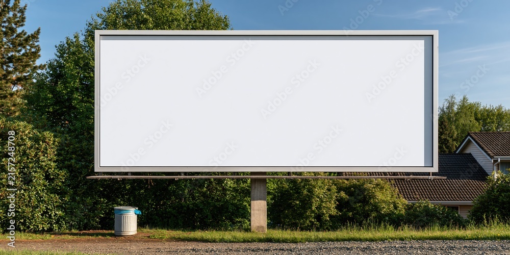 Fototapeta premium Blank Billboard in Sunny Outdoor Setting with Greenery and Residential Building