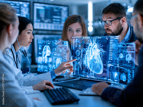 Diverse Doctors Holographic Anatomy Display Authentic Medical High Tech Realism Science Hospital