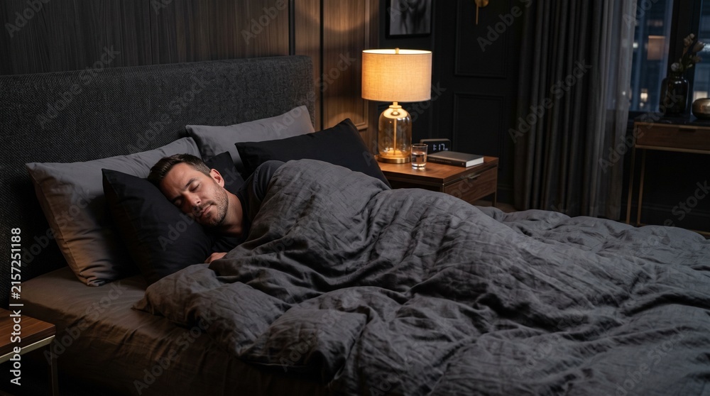 Fototapeta premium Young man sleeping peacefully in a comfortable large bed with dark grey linen in a modern luxury bedroom at night with warm lamp light glow