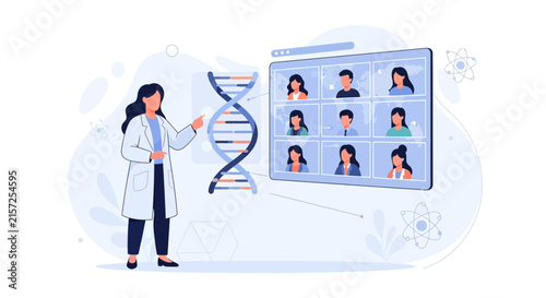 Scientist presenting DNA research via online video conference with diverse participants in a modern lab setting