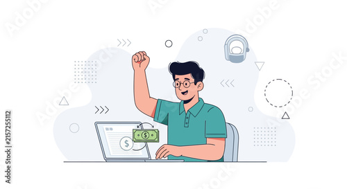 Successful businessman celebrating online earnings with laptop and cash flow illustration