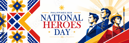 Philippines National Heroes Day horizontal vector banner featuring stylized Filipino heroes, indigenous geometric motifs, and national flag colors.