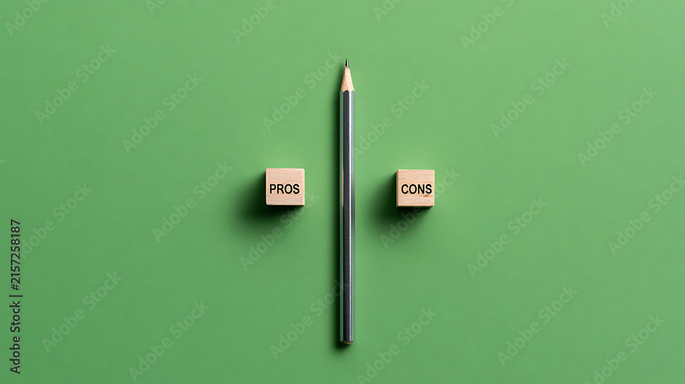 Fototapeta premium Decision Weighing: Pencil Balancing Between Pros and Cons on a Green Background for Business Strategy Analysis