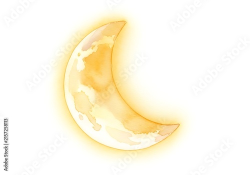 Glowing crescent moon with a soft radiant aura against a plain background