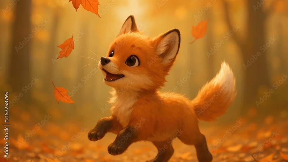 Naklejka premium Cute fox frolics in autumn.