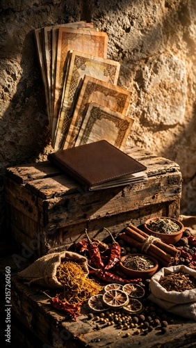 Aromatic Spices and Herbs on Rustic Wooden Surface