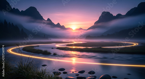 Scenic mountain river flowing through a misty valley during a vibrant sunrise with glowing light trails winding along the landscape