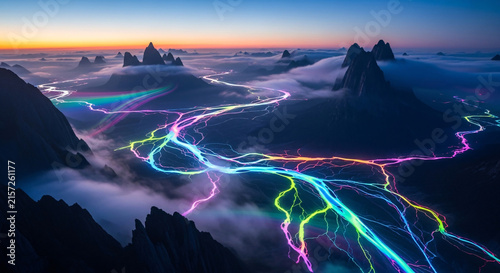 Futuristic mountain landscape with glowing neon light trails winding through misty valleys during sunrise for technology concept design