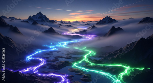 Glowing neon river flowing through misty mountain valley landscape at sunset during twilight