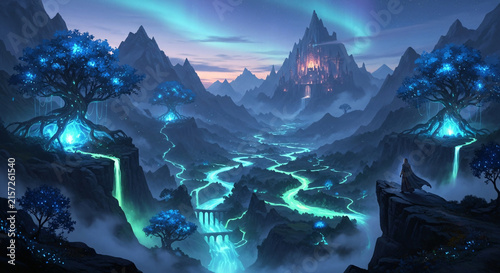 Magical fantasy landscape with glowing blue trees and mystical river flowing through mountain valley under northern lights