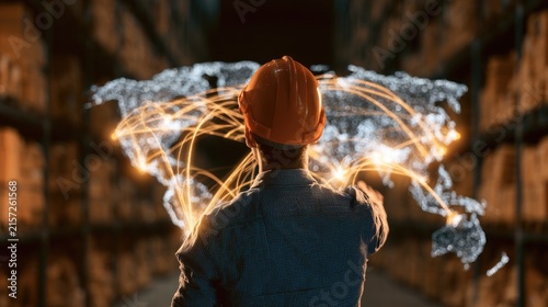 Worker in helmet views global logistics network overlay on warehouse