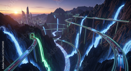 Futuristic cityscape with glowing elevated highway bridges winding through rugged mountain canyons during sunset horizon landscape