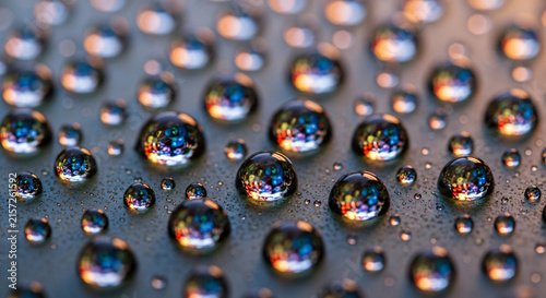 Water droplet macro abstract background with colorful reflection on metallic surface