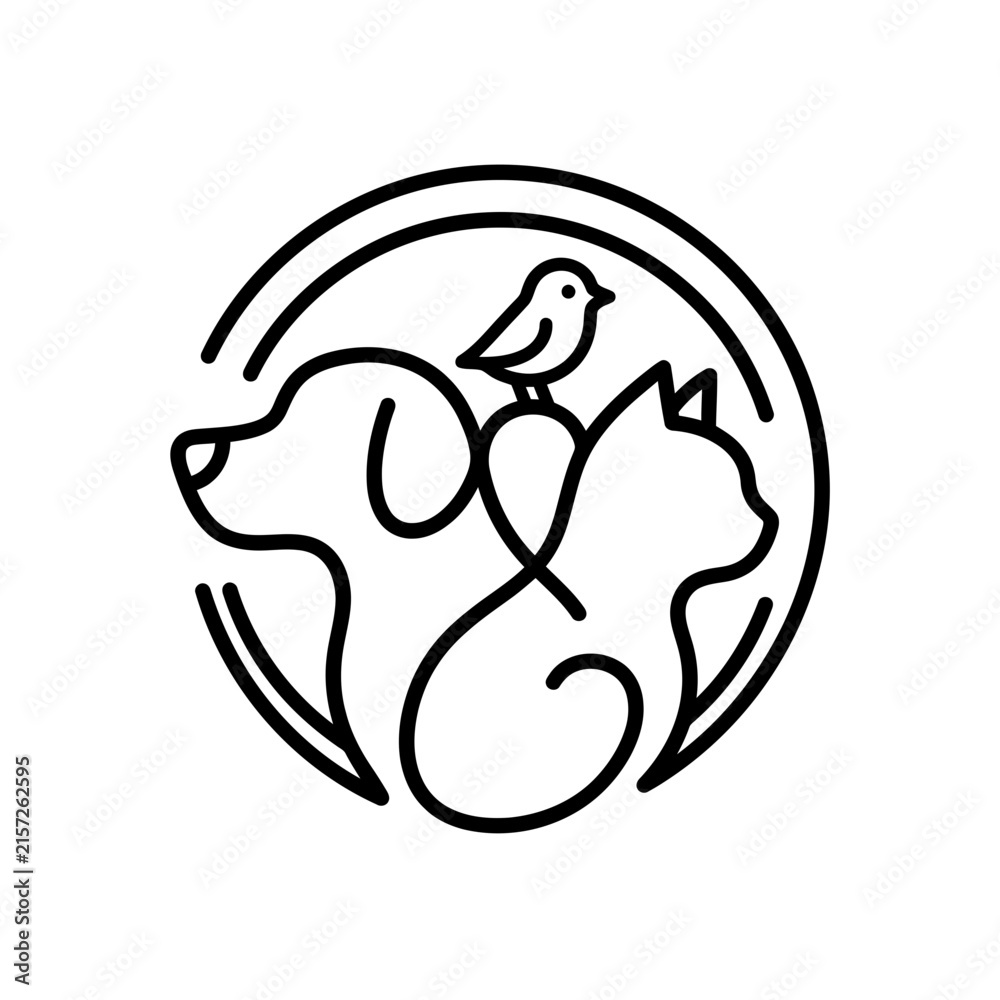 Obraz premium Stylized pet logo with dog cat and bird profiles.