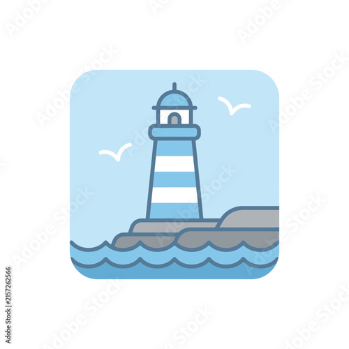 Stylized lighthouse icon on rocky shore with waves