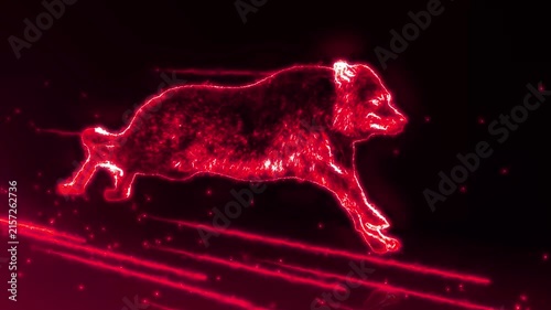 Glowing red wolf runs through energy particles and light streaks on black.