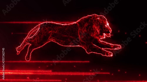 Powerful red electric lion outlined with glowing energy on a dark background.