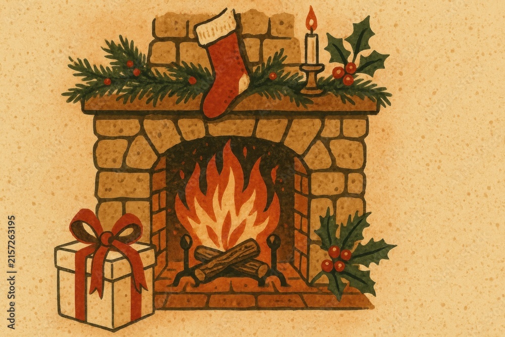 Fototapeta premium Cozy holiday fireplace illustration.