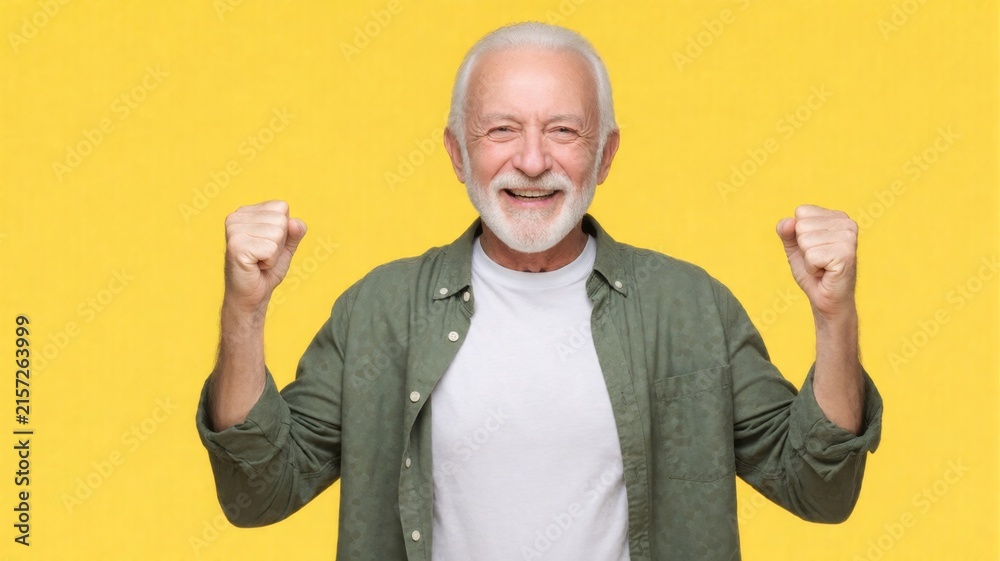 Naklejka premium Excited Senior Man Celebrating Success with Raised Fists