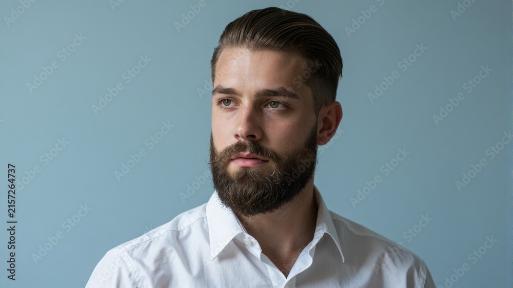 Obraz premium Handsome Young Man with Beard and White Shirt on Blue Background
