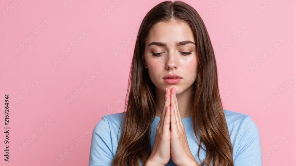 Fototapeta premium Hopeful young woman praying with hands clasped together against a pink background