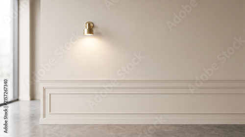 Minimalist interior wall with classic wainscoting and a modern brass wall lamp mockup