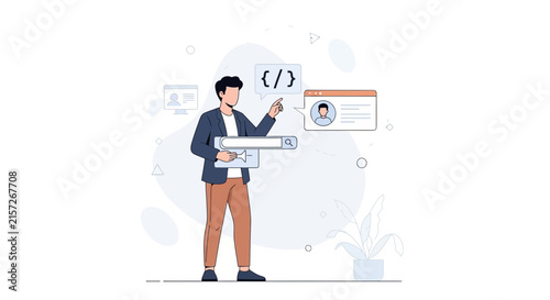 Developer working with search and code, representing web development, programming, and digital solutions.