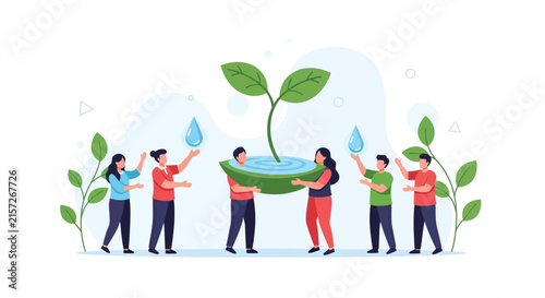 Diverse People Caring for Plant Growth and Water Conservation with Drops and Leaves