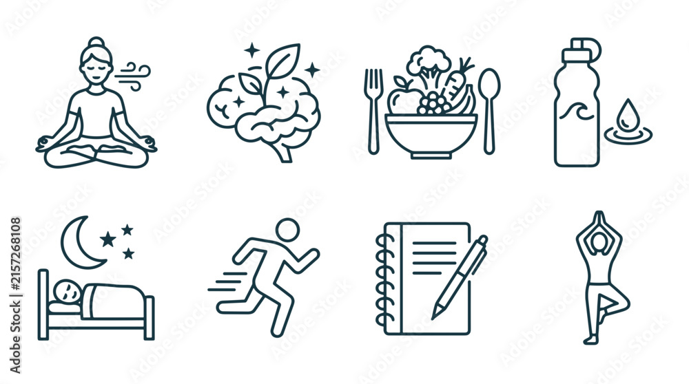 Fototapeta premium Collection of wellness and relaxation icons including meditation running and healthy eating