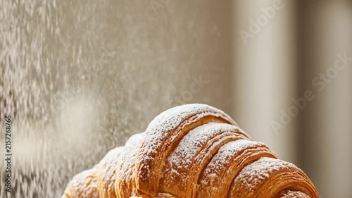 A croissant is dusted with powdered sugar set against a blurred background
