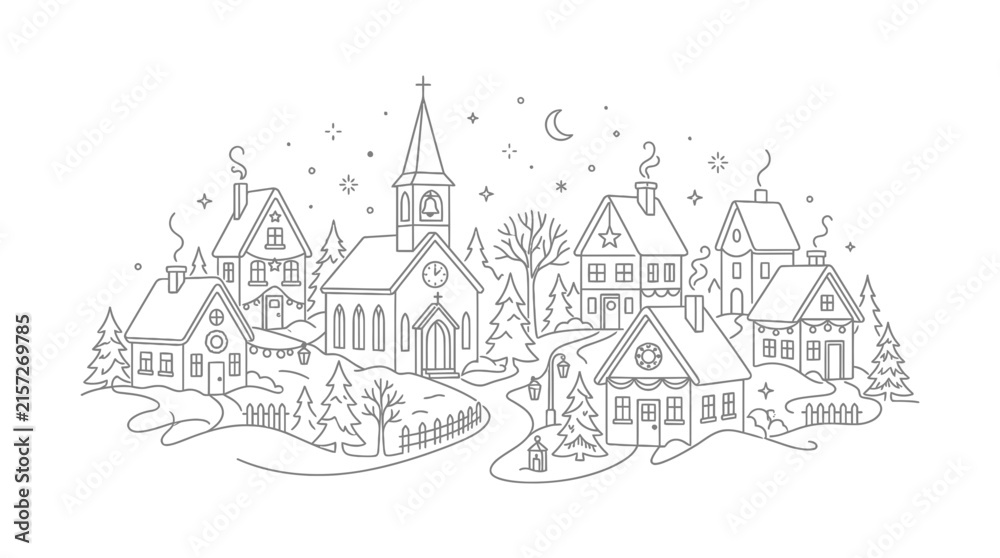 Fototapeta premium Christmas Village Line Drawing Isolated