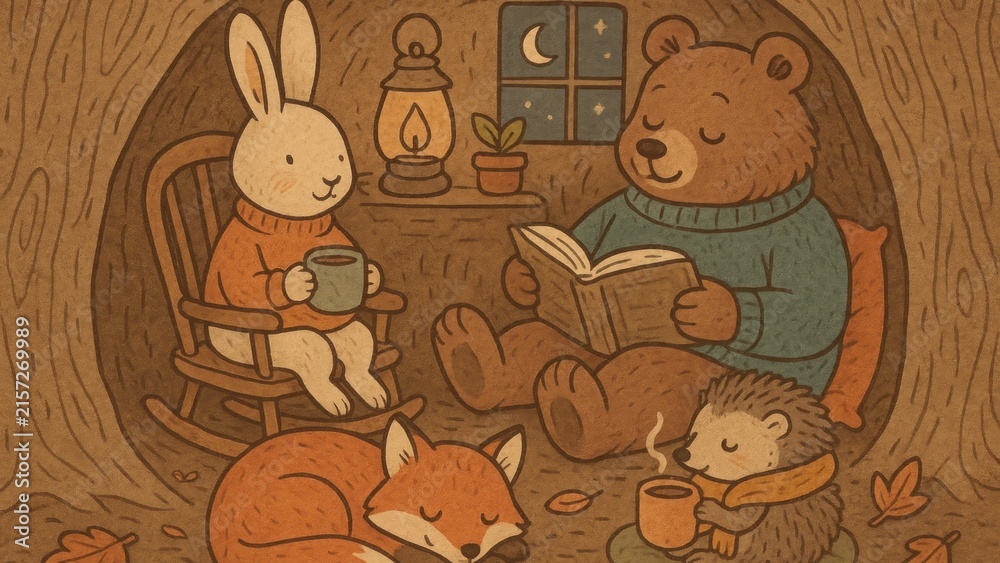 Naklejka premium Cozy animals reading together wallpaper for desktop