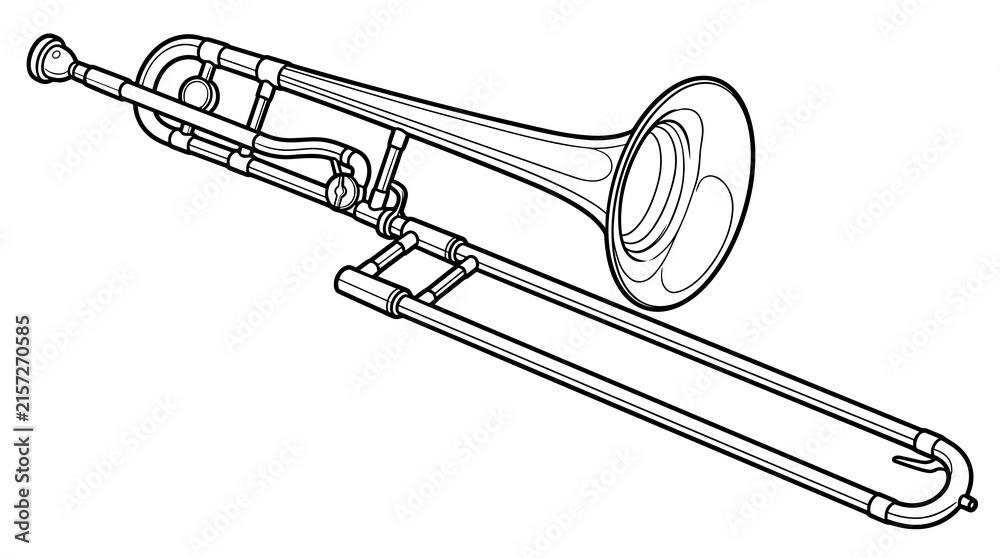 Obraz premium Black and white line art vector illustration of a slide trombone, isolated on a white background.