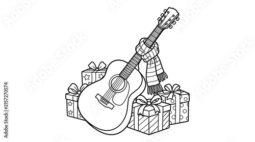 Acoustic guitar with a scarf and gift boxes, line art illustration on white background
