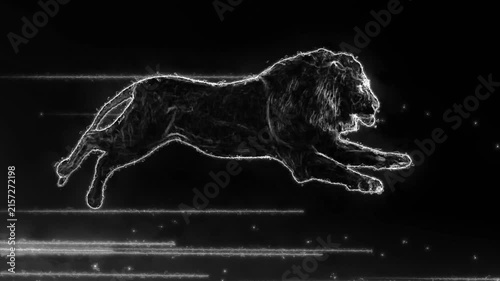 Black and white lion runs with glowing electric outlines and light streaks.