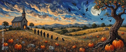 Dramatic Halloween Night Scene with Pumpkin Field and Spooky Sky