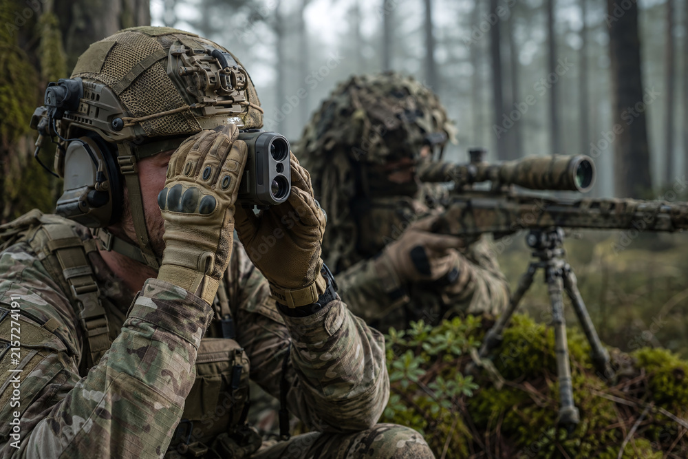 Fototapeta premium Military sniper and spotter team in camouflage uniforms performing reconnaissance in a foggy forest with sniper rifle, spotting scope, and professional tactical equipment.