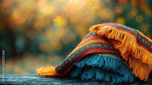Folded colorful fringed scarf sits on a weathered wooden surface in front of autumn bokeh