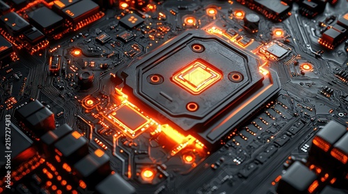 Close-up of a glowing computer processor with intricate circuits and glowing components