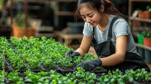 Asian woman in a greenhouse carefully tending to rows of small potted green plants, smiling