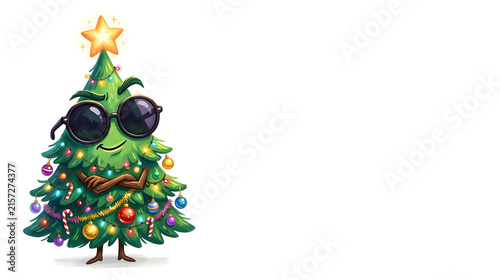 A hilarious confident cartoon Christmas tree wearing oversized round sunglasses, raised eyebrow and a cool crooked smile, stylish colorful ornaments, glowing star topper, tiny arms crossed confidently