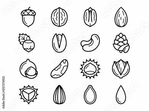 Nut and seed icon set line art vector collection featuring almond walnut and pistachio for healthy food packaging and organic snack menu design