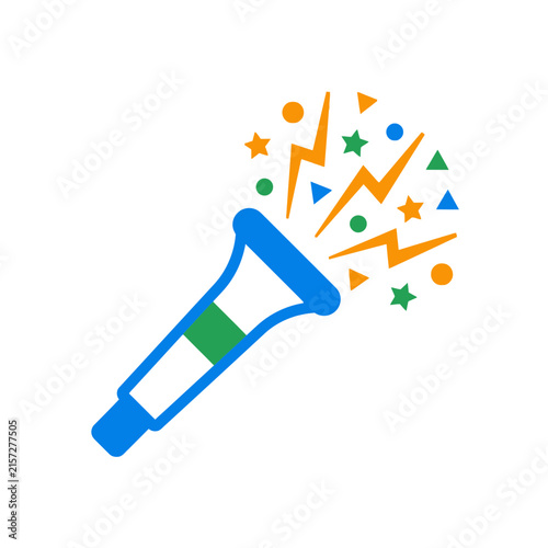 A colorful party horn icon with festive confetti shapes isolated