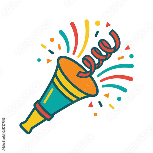 A colorful party horn illustration with festive confetti elements