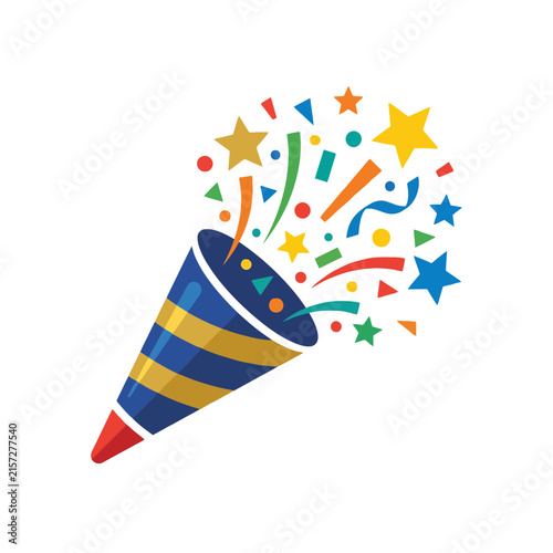 A colorful party popper explodes with festive confetti and stars