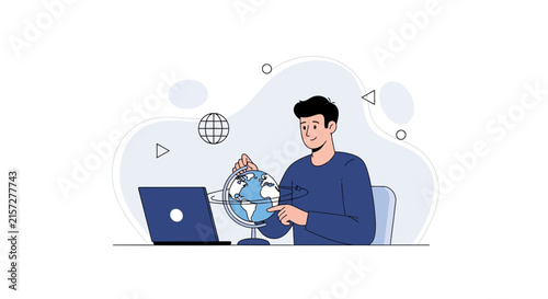 Man studying globe and laptop, modern flat illustration style, representing global business, education, and travel concepts.