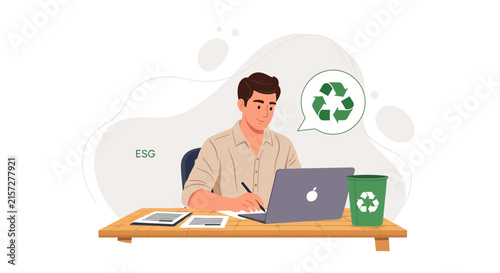 Man working at desk with laptop and recycling bin, symbolizing ESG and sustainability in business