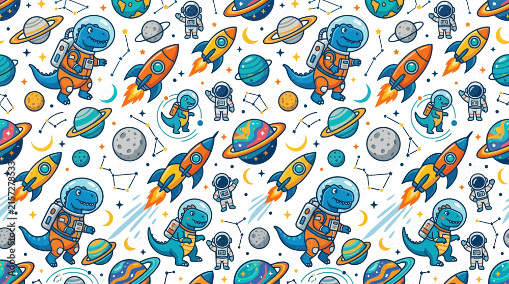 Naklejka premium Cute dinosaur astronaut pattern