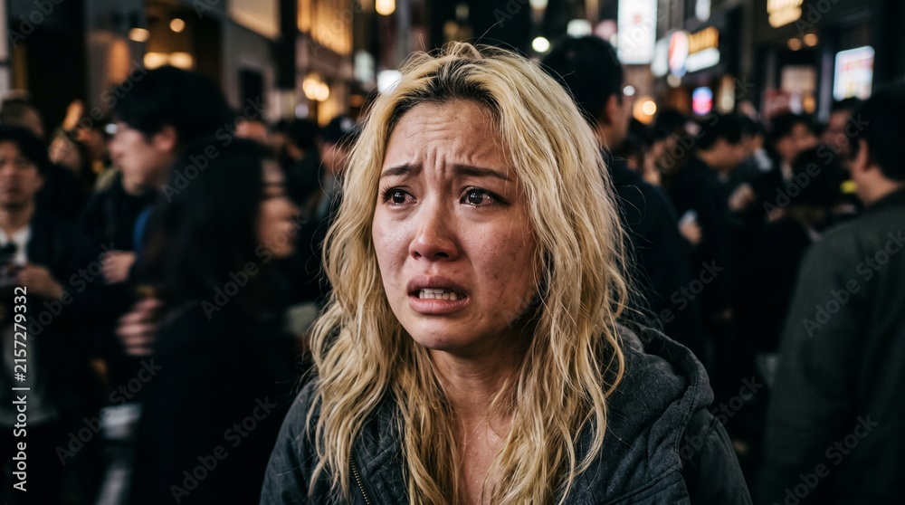 Fototapeta premium Anxious blonde woman crying in a dense city crowd at night looking overwhelmed and emotionally distressed while standing in a busy urban environment